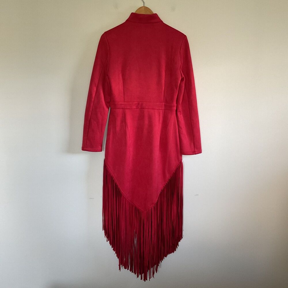 Oyrosy Western Style Embroidered Red Fringed Faux Suede Midi Dress L Festival - Picture 3 of 14